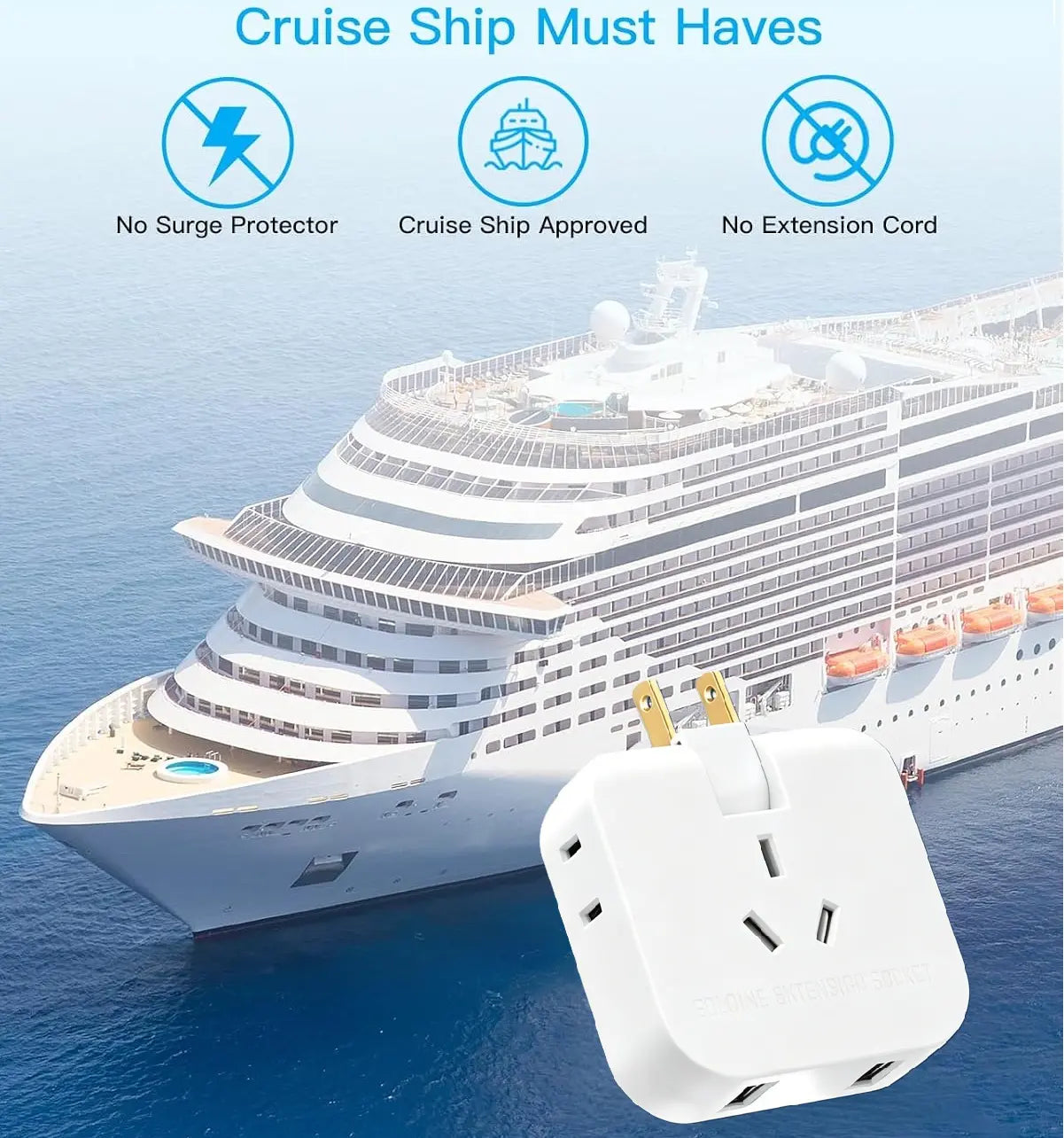 Multi Plug Outlet Extender Wall Outlet Travel Plug Adapter Surge Protector 2500W, 3-Sided 5 Adapter-Spaced Outlets 180° Rotate Plug Flat Pin Plug Outlet, 2 USB Ports (USB-C Fast Charging), Etl-Certified Extender Multifunctional