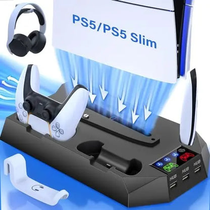 Ps5/Slim/Pro Cooling Station for 5 Console Disc/Digital Edition - PS5 Slim Pro Cooling Stand with Controller Station Accessories-Cooler Fan/Headset Holder/3 USB Hub, White