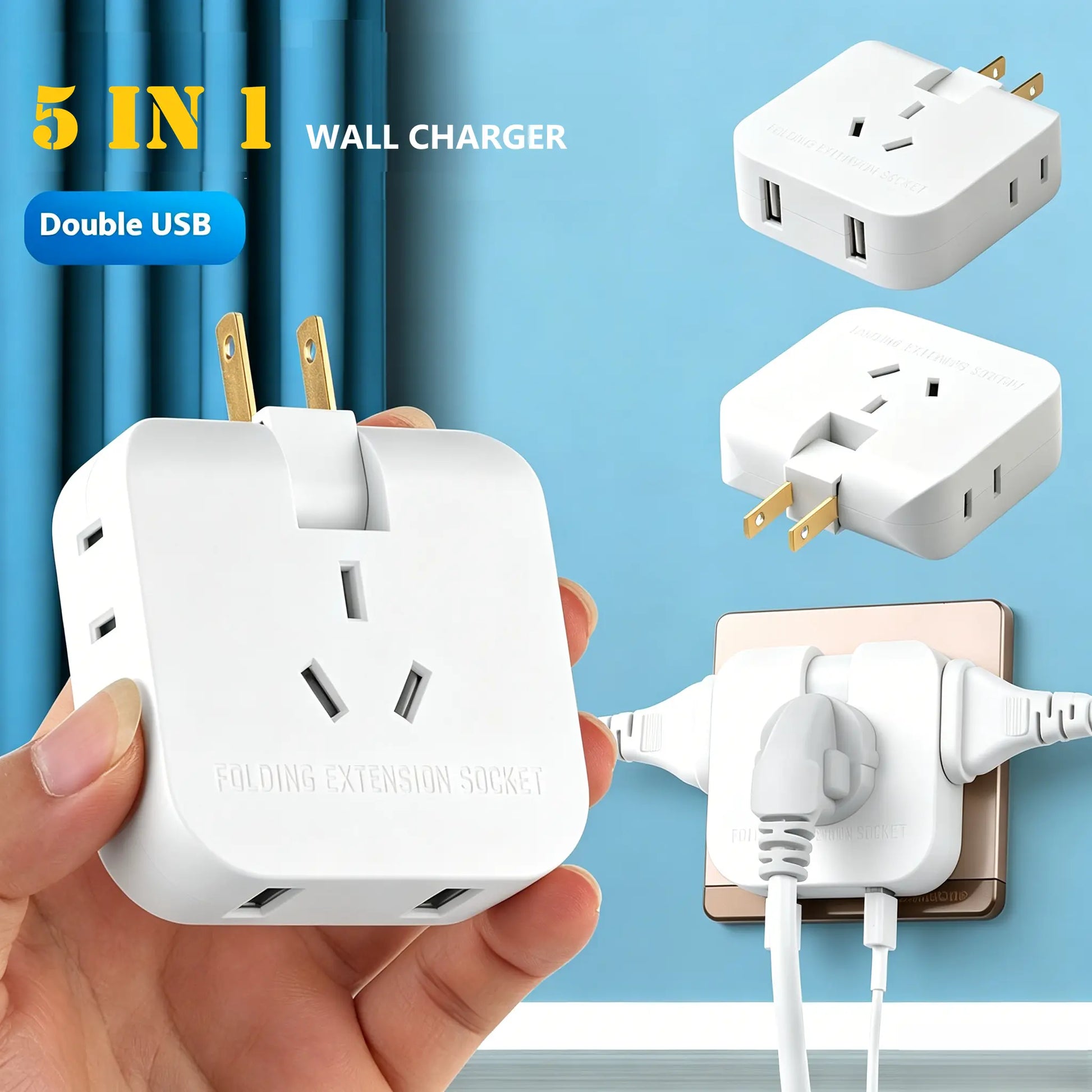 Multi Plug Outlet Extender Wall Outlet Travel Plug Adapter Surge Protector 2500W, 3-Sided 5 Adapter-Spaced Outlets 180° Rotate Plug Flat Pin Plug Outlet, 2 USB Ports (USB-C Fast Charging), Etl-Certified Extender Multifunctional