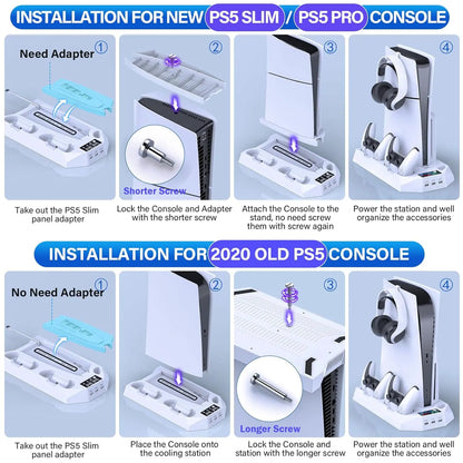 Ps5/Slim/Pro Cooling Station for 5 Console Disc/Digital Edition - PS5 Slim Pro Cooling Stand with Controller Station Accessories-Cooler Fan/Headset Holder/3 USB Hub, White