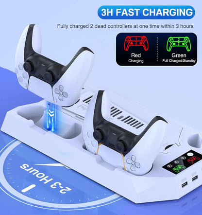 Ps5/Slim/Pro Cooling Station for 5 Console Disc/Digital Edition - PS5 Slim Pro Cooling Stand with Controller Station Accessories-Cooler Fan/Headset Holder/3 USB Hub, White