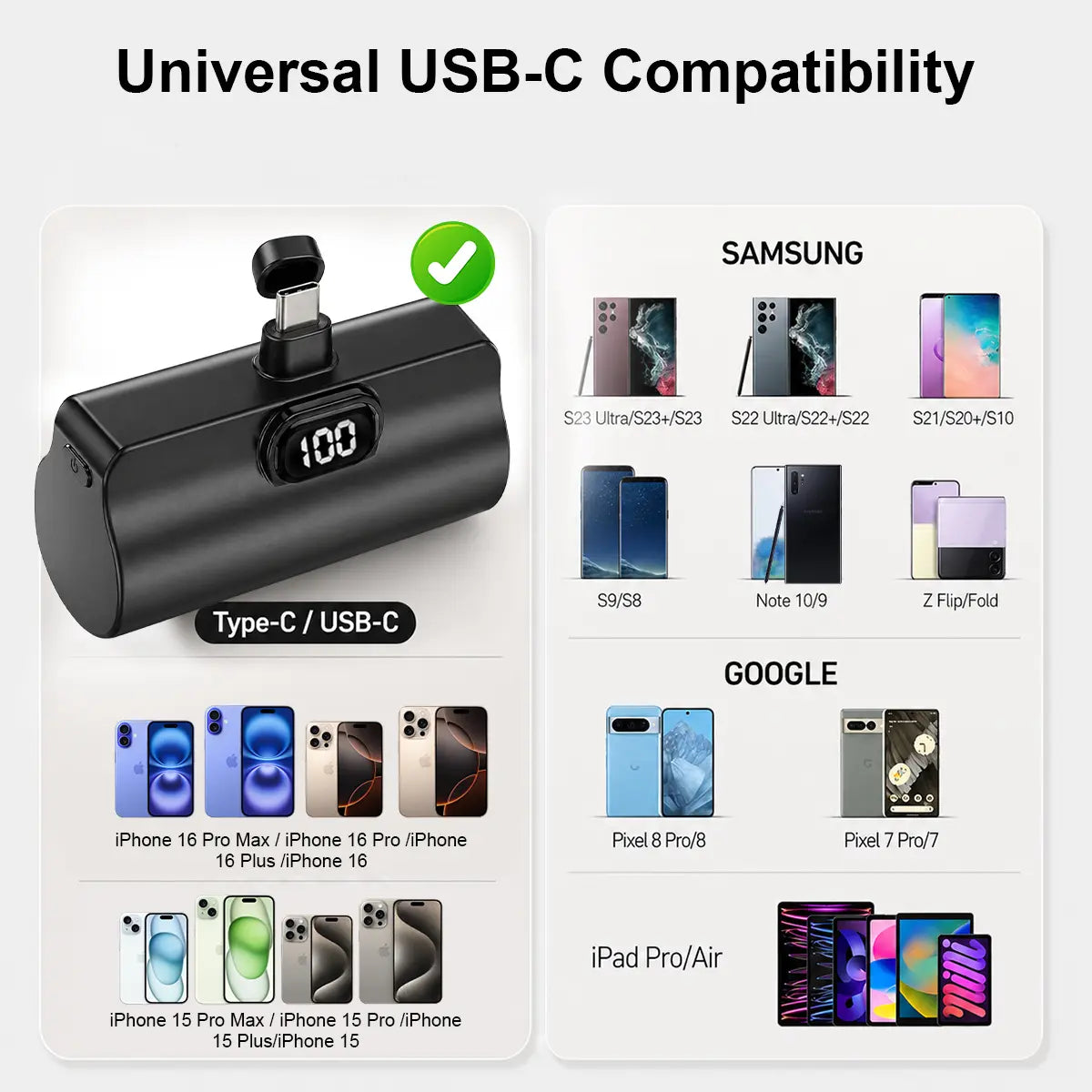 5000Mah Mini Capsule Universal Power Bank - 10W Fast Charging USB-C Portable Charger, Ultra Compact Lightweight Pocket External Battery Pack with Cable Compatibility for Iphone & Android Smartphones, Mobile Accessory, Accessories