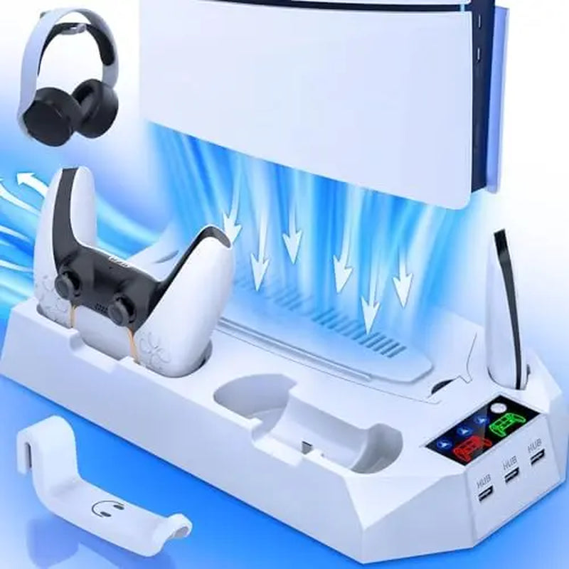 Ps5/Slim/Pro Cooling Station for 5 Console Disc/Digital Edition - PS5 Slim Pro Cooling Stand with Controller Station Accessories-Cooler Fan/Headset Holder/3 USB Hub, White
