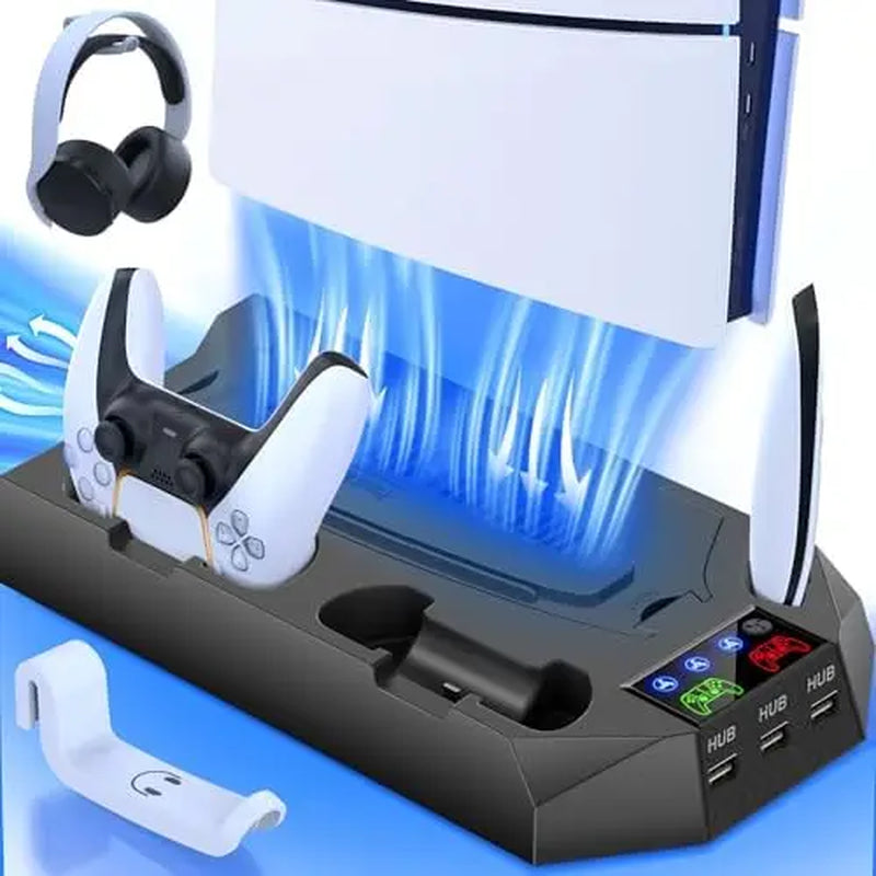Ps5/Slim/Pro Cooling Station for 5 Console Disc/Digital Edition - PS5 Slim Pro Cooling Stand with Controller Station Accessories-Cooler Fan/Headset Holder/3 USB Hub, White