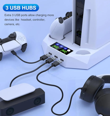 Ps5/Slim/Pro Cooling Station for 5 Console Disc/Digital Edition - PS5 Slim Pro Cooling Stand with Controller Station Accessories-Cooler Fan/Headset Holder/3 USB Hub, White