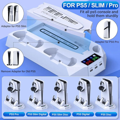 Ps5/Slim/Pro Cooling Station for 5 Console Disc/Digital Edition - PS5 Slim Pro Cooling Stand with Controller Station Accessories-Cooler Fan/Headset Holder/3 USB Hub, White