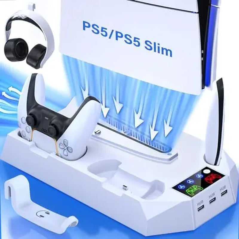 Ps5/Slim/Pro Cooling Station for 5 Console Disc/Digital Edition - PS5 Slim Pro Cooling Stand with Controller Station Accessories-Cooler Fan/Headset Holder/3 USB Hub, White
