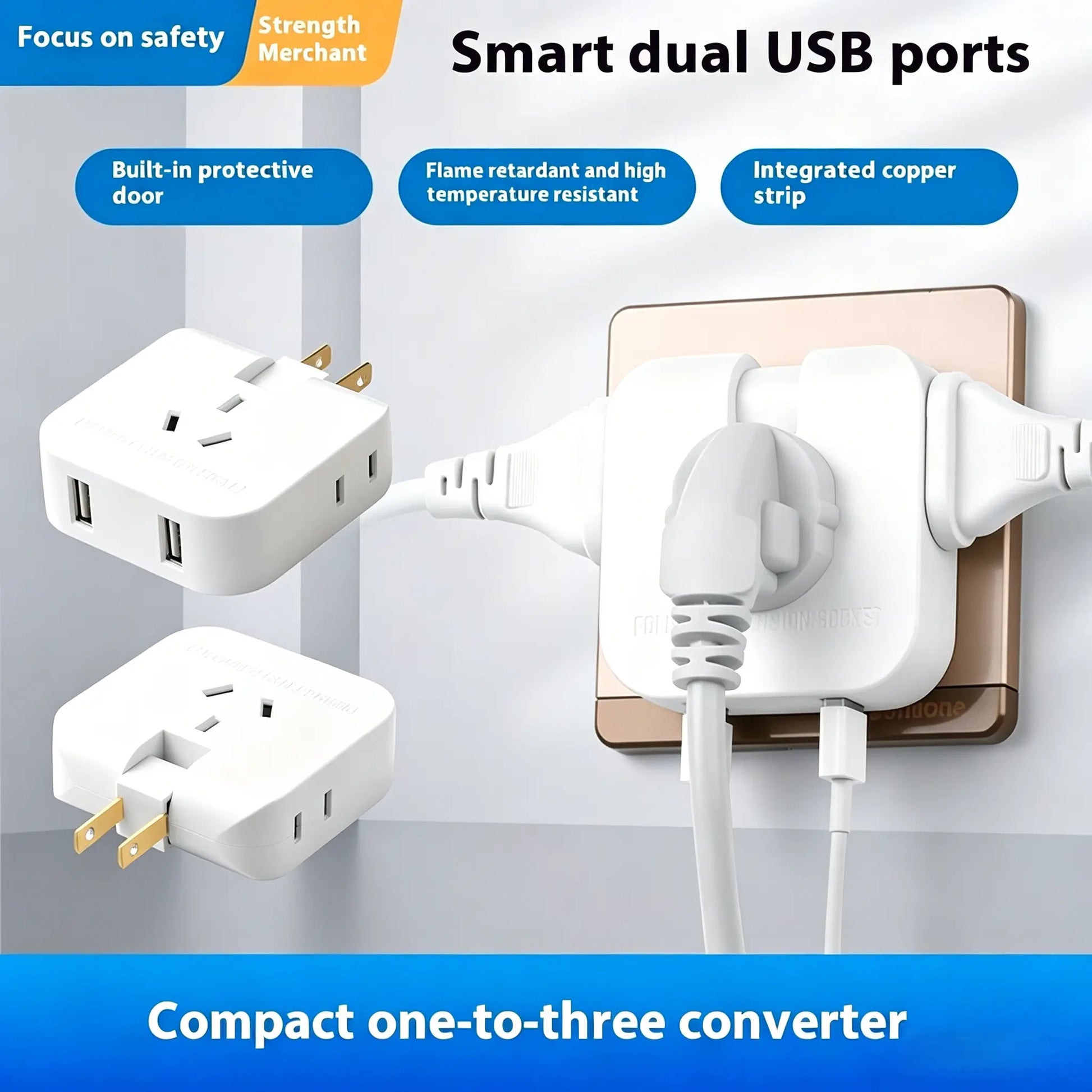 Multi Plug Outlet Extender Wall Outlet Travel Plug Adapter Surge Protector 2500W, 3-Sided 5 Adapter-Spaced Outlets 180° Rotate Plug Flat Pin Plug Outlet, 2 USB Ports (USB-C Fast Charging), Etl-Certified Extender Multifunctional